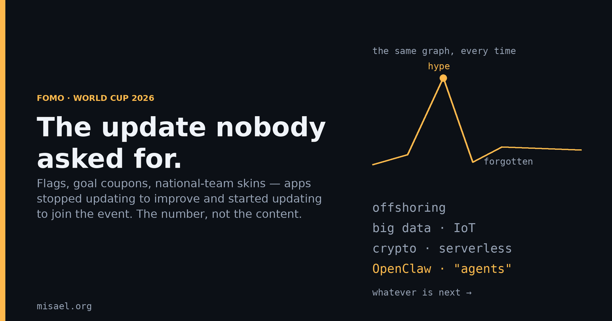 During the World Cup every app updated overnight: little flags, coupons per goal, national-team outfits, animated emoji. We used to wait months for a patch that fixed something. Now we deploy to millions over a soccer ball — and tomorrow we'll forget it, the way we forgot OpenClaw, crypto, IoT, big data. The number, not the content.